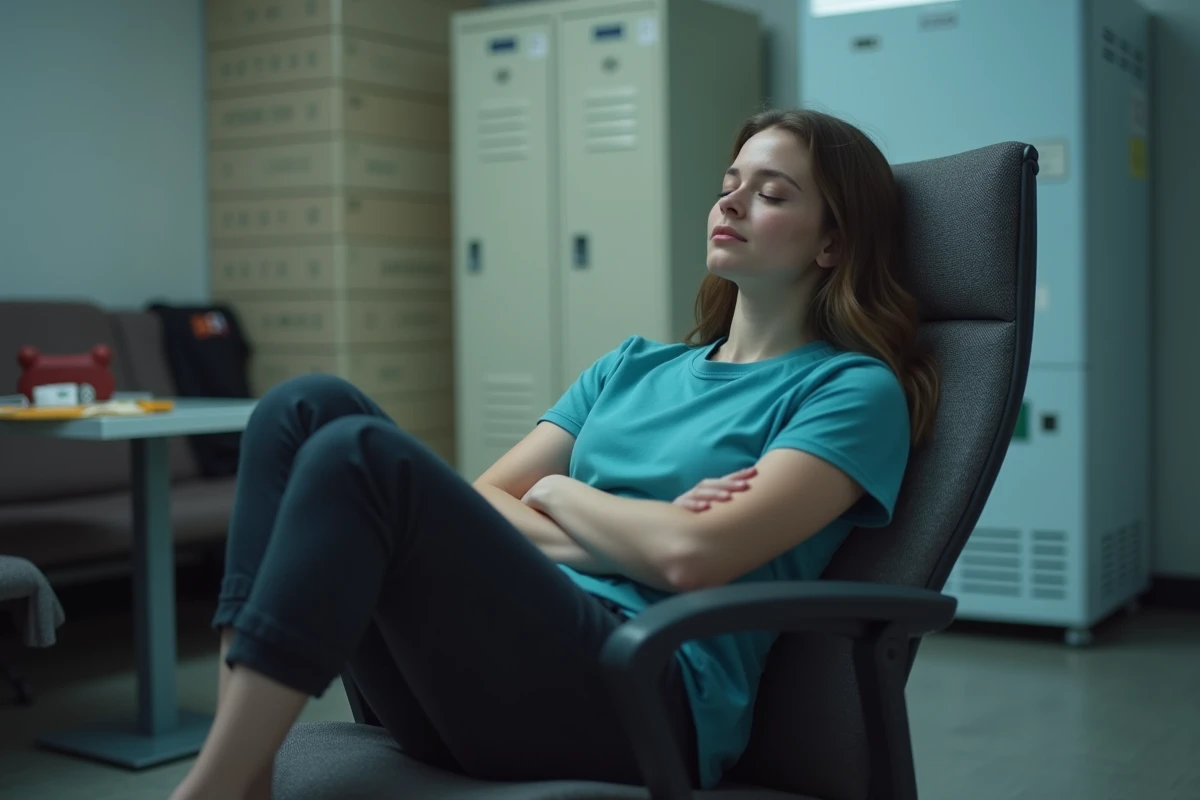 Jeune femme endormie assise dans salle de pause