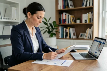 Femme entrepreneur préparant un dossier de demande d'aide financière pour son entreprise à son bureau à domicile