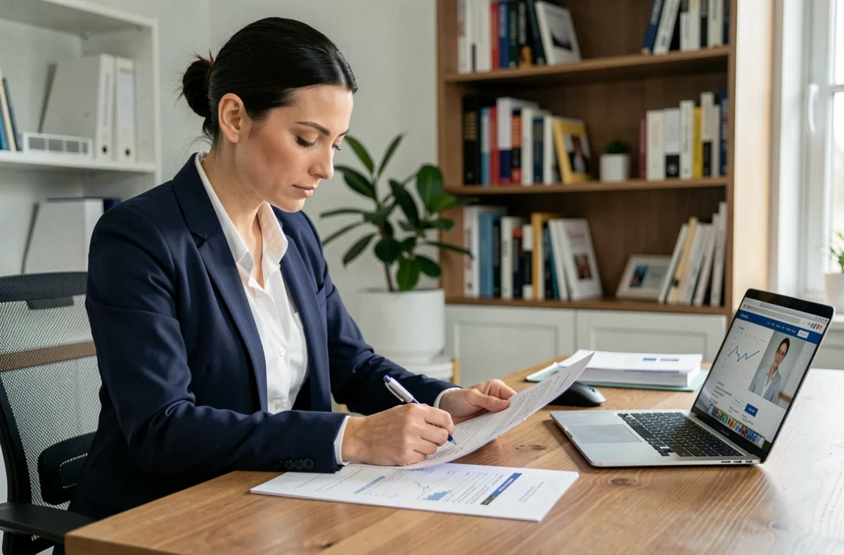Femme entrepreneur préparant un dossier de demande d'aide financière pour son entreprise à son bureau à domicile