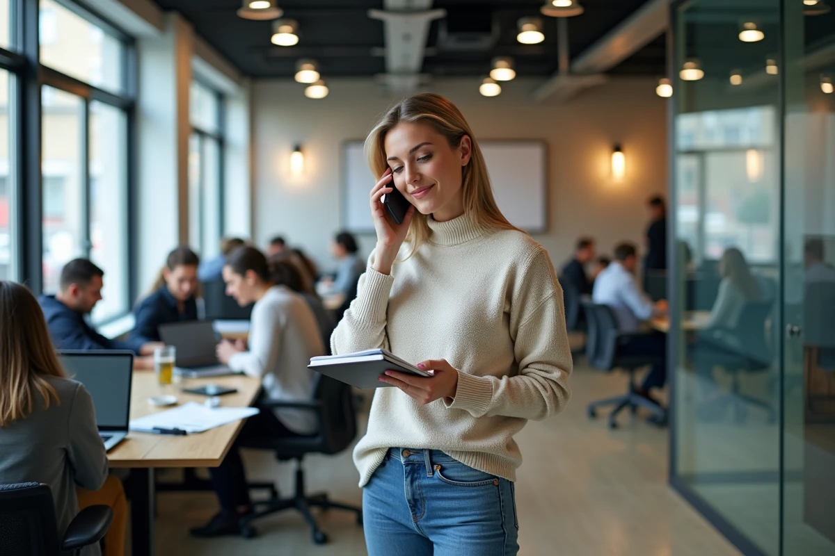 Femme entrepreneure dans un espace de coworking dynamique