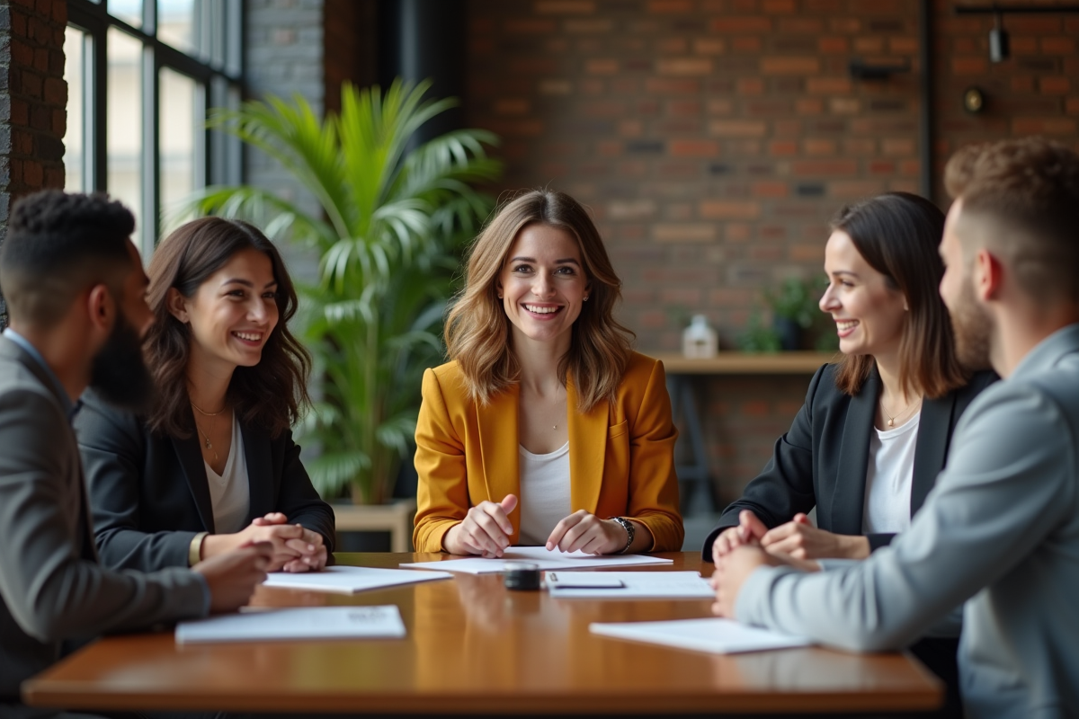 Femme entrepreneure souriante expliquant le ROI à une équipe