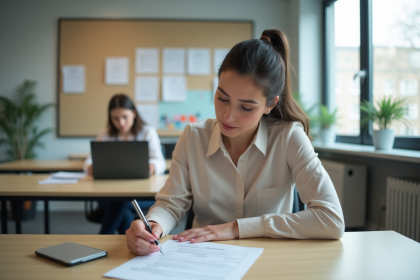 Femme remplissant un formulaire de mobilit&eacute; au bureau