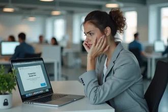 Femme frustrée au bureau face à un écran d'erreur de connexion sur son ordinateur portable