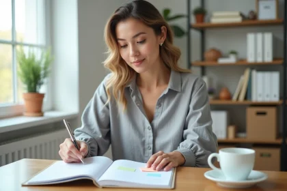 Femme indépendante organisant ses rendez-vous avec un agenda papier dans un bureau à domicile calme et ordonné