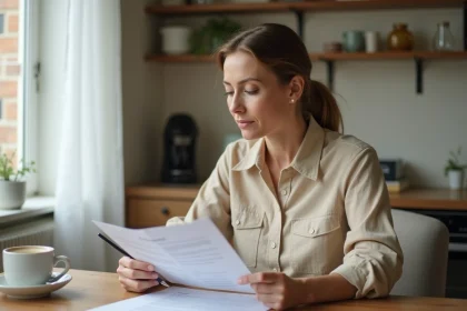 Femme lisant attentivement un contrat de travail à domicile à sa table de cuisine, stylo en main