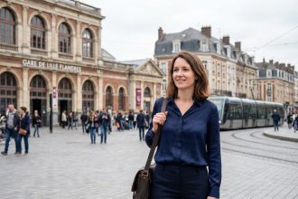 Femme souriante devant la gare de Lille en ville