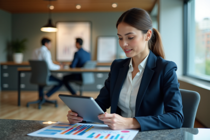 Femme professionnelle en r&eacute;union avec graphiques marketing