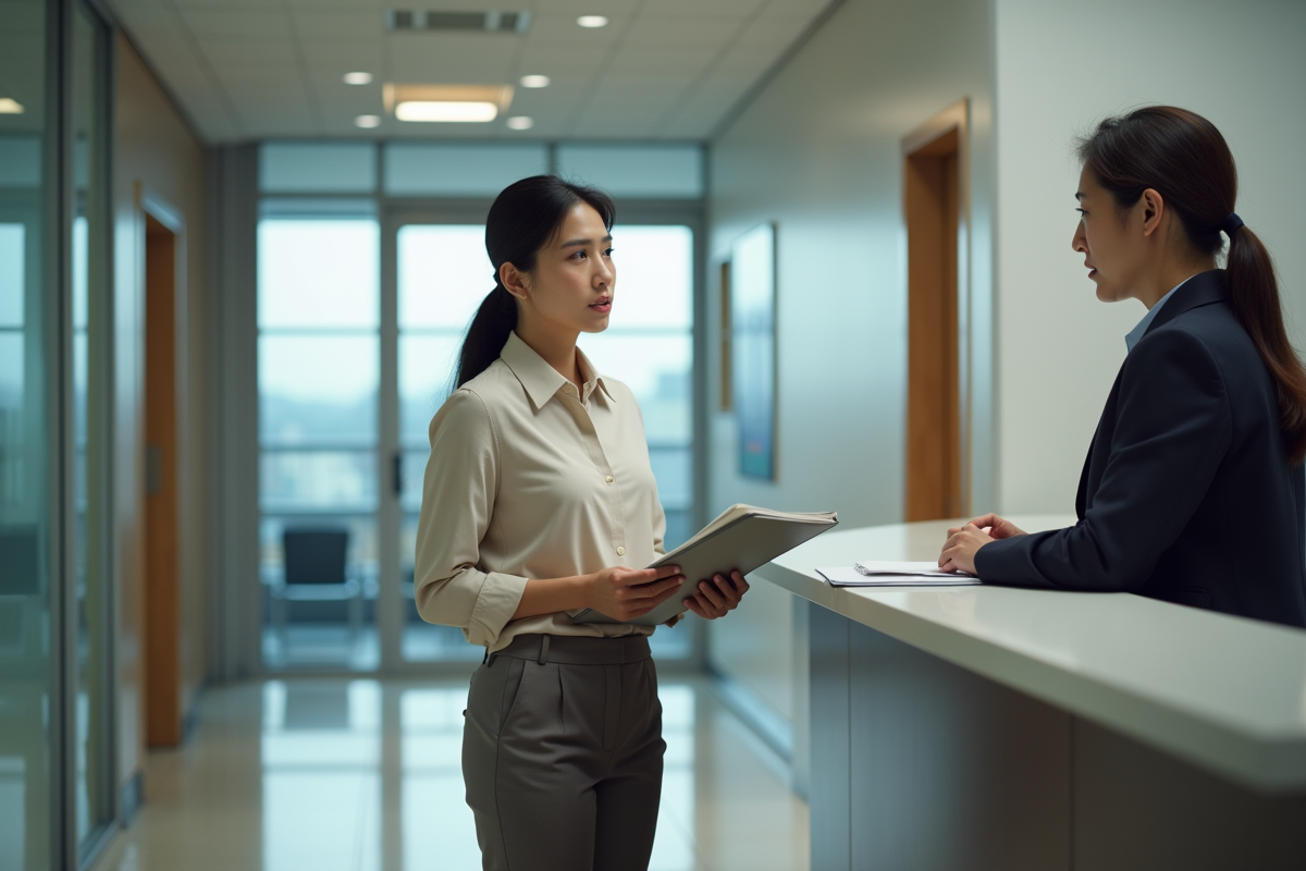 Femme de 45 ans présentant un dossier à la réception dans un bureau