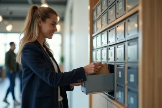Femme d'affaires ouvrant une boîte postale de taille moyenne dans un espace de co-working moderne avec rangée de casiers métalliques numérotés