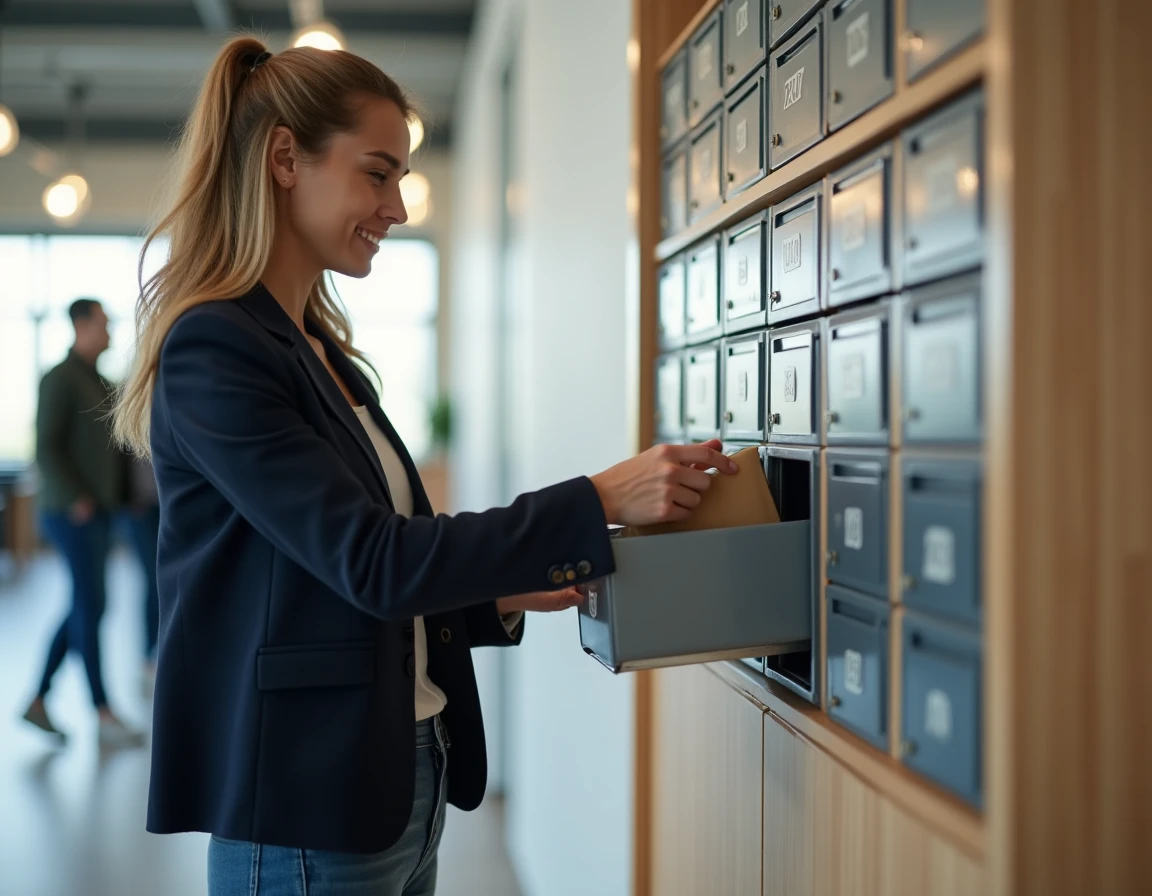 Femme d'affaires ouvrant une boîte postale de taille moyenne dans un espace de co-working moderne avec rangée de casiers métalliques numérotés