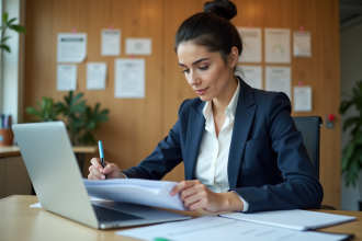 Femme en bureau remplissant permis environnemental