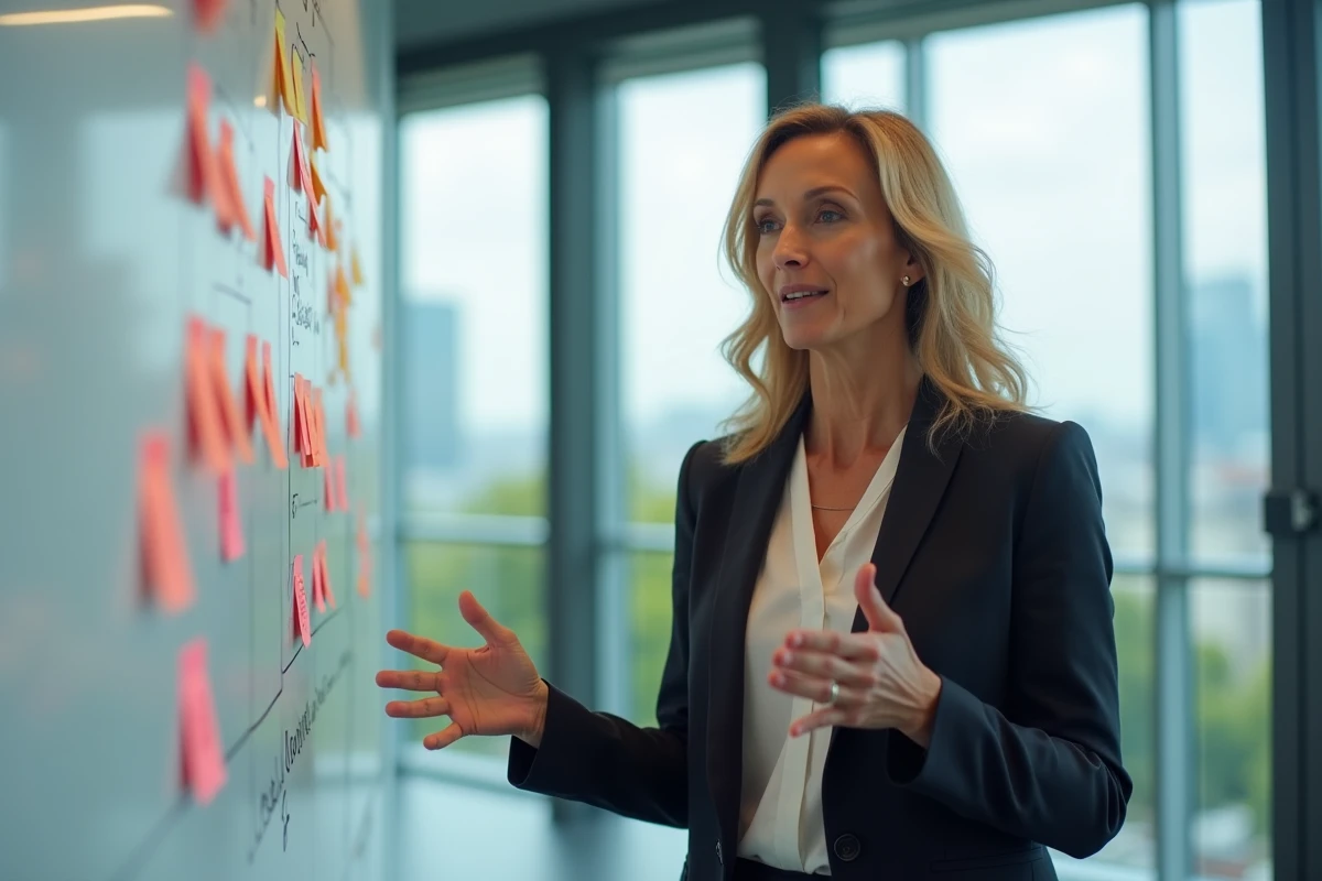 Femme en blazer pr&eacute;sentant un tableau blanc avec diagrammes