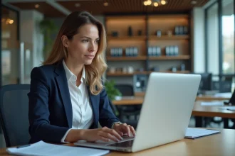 Femme professionnelle concentrée sur son ordinateur au bureau