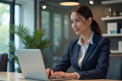 Femme d affaires concentrée sur son ordinateur dans un bureau moderne