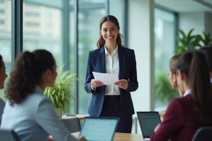 Femme en blazer navy distribuant des memos dans un bureau moderne