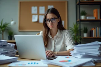 Jeune femme professionnelle frustrée devant son ordinateur au bureau
