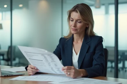 Femme professionnelle consultant un extrait Kbis papier à son bureau avec des annotations, dans un bureau moderne