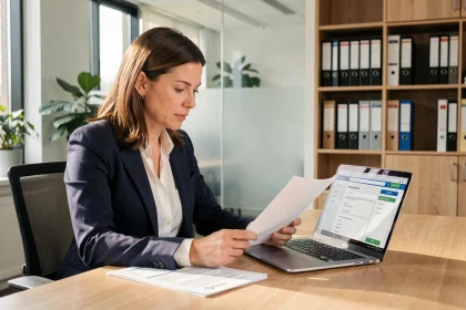 Femme professionnelle consultant un extrait Kbis et des documents administratifs Urssaf dans un bureau moderne
