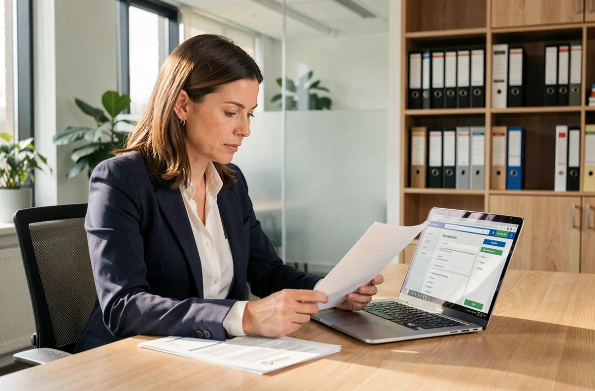 Femme professionnelle consultant un extrait Kbis et des documents administratifs Urssaf dans un bureau moderne