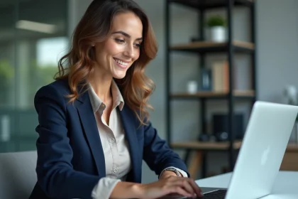 Femme professionnelle concentr&eacute;e sur son ordinateur au bureau