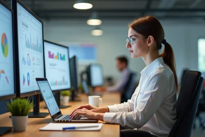 Jeune femme professionnelle analysant r&eacute;sultats PPC au bureau