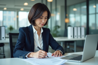 Femme en blazer navy examinant des dossiers dans un bureau moderne