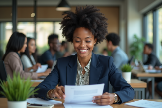 Femme avec afro souriante lors d'une revue de CV
