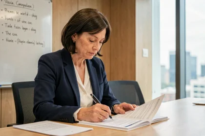 Femme en blazer rédigeant un motif valable sur un ordre du jour de réunion CSE dans une salle de conférence moderne
