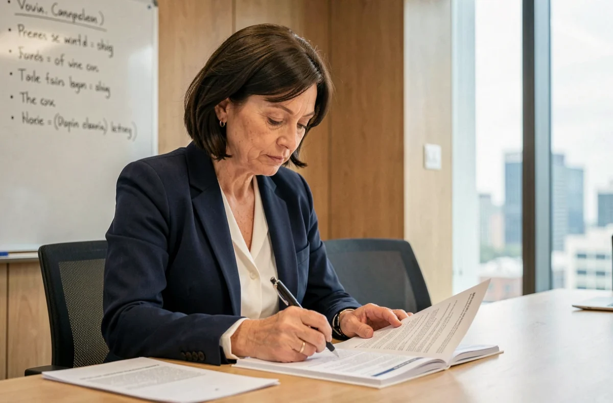 Femme en blazer rédigeant un motif valable sur un ordre du jour de réunion CSE dans une salle de conférence moderne