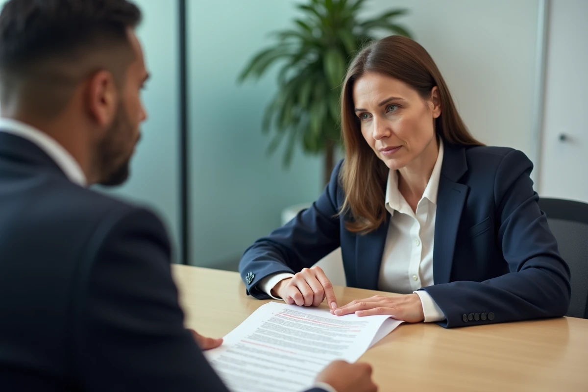 Une femme en réunion RH discute des clauses de son contrat CSP avec une représentante des ressources humaines dans une salle de réunion professionnelle