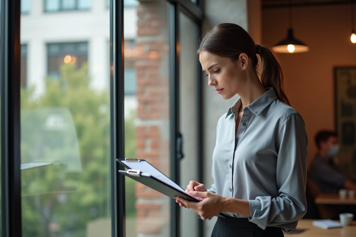 Jeune femme SEO consultant examinant des notes dans un coworking