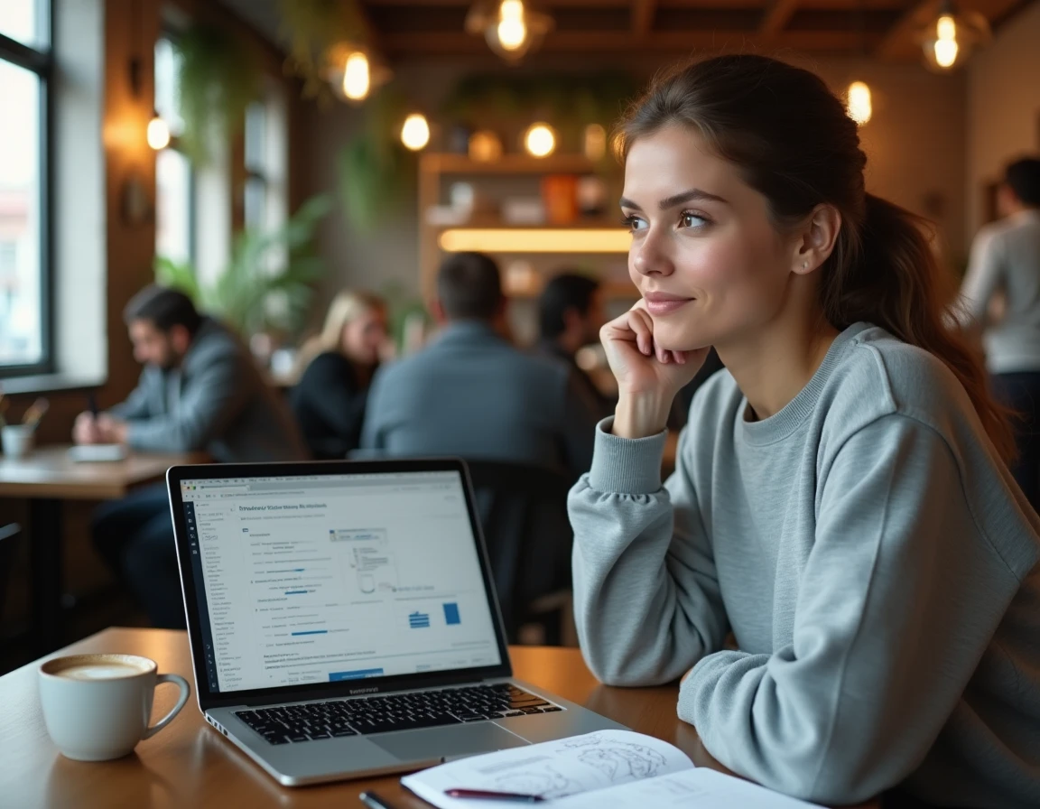 Jeune femme travaillant sur sa stratégie de démarrage d'entreprise dans un café avec un ordinateur portable et un carnet de notes