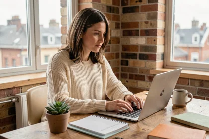 Femme en télétravail à son bureau à domicile avec laptop, plante verte et carnets, illustrant la transition vers le full remote