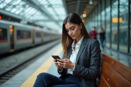Femme concentr&eacute;e sur son smartphone dans une gare moderne