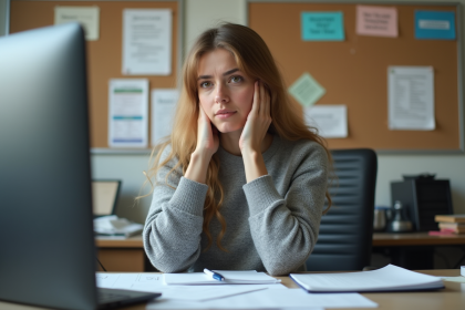 Femme pensante au bureau avec papiers et ordinateur