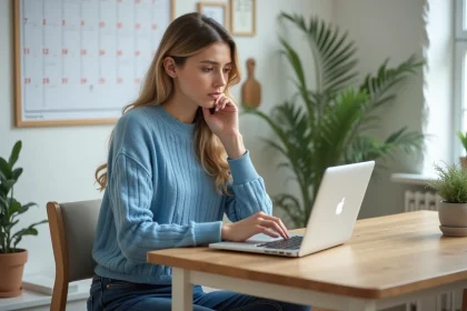 Jeune femme travaillant &agrave; domicile sur son ordinateur