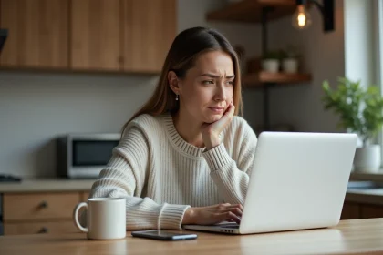 Femme frustr&eacute;e utilisant son ordinateur portable &agrave; la maison