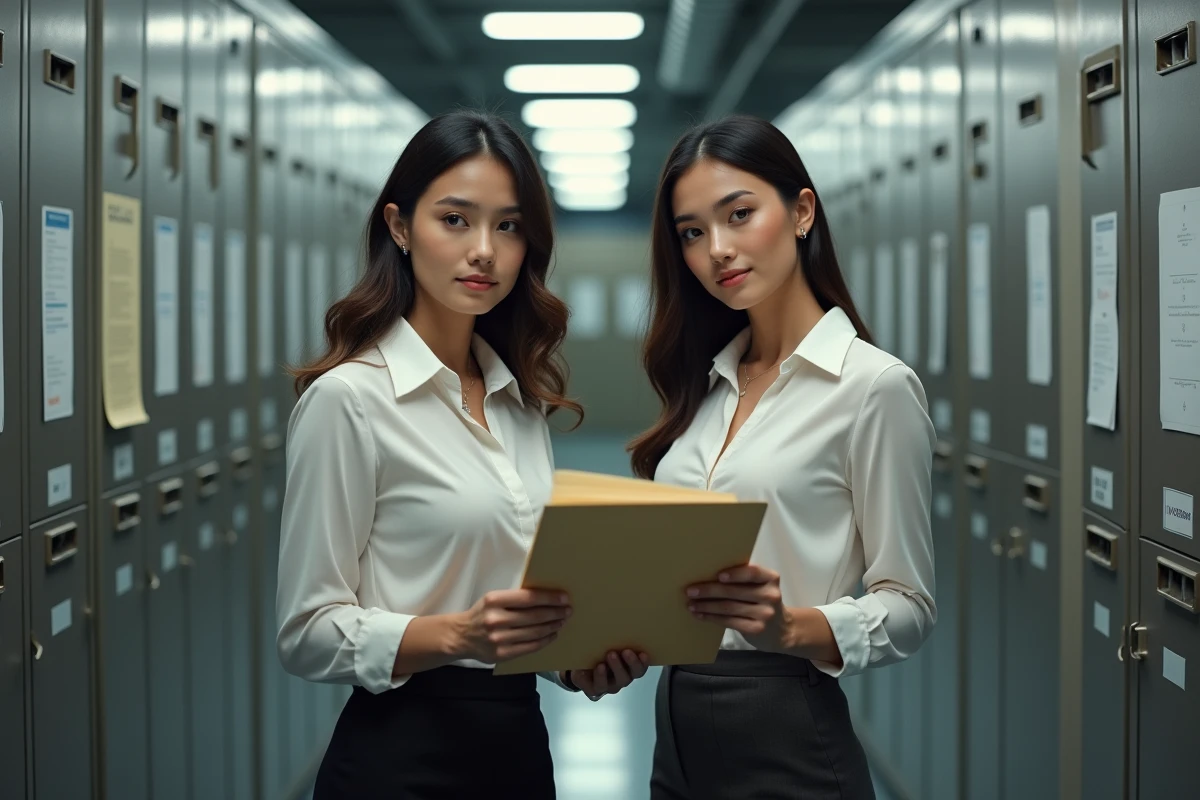 Deux femmes dans un archive de documents en discussion