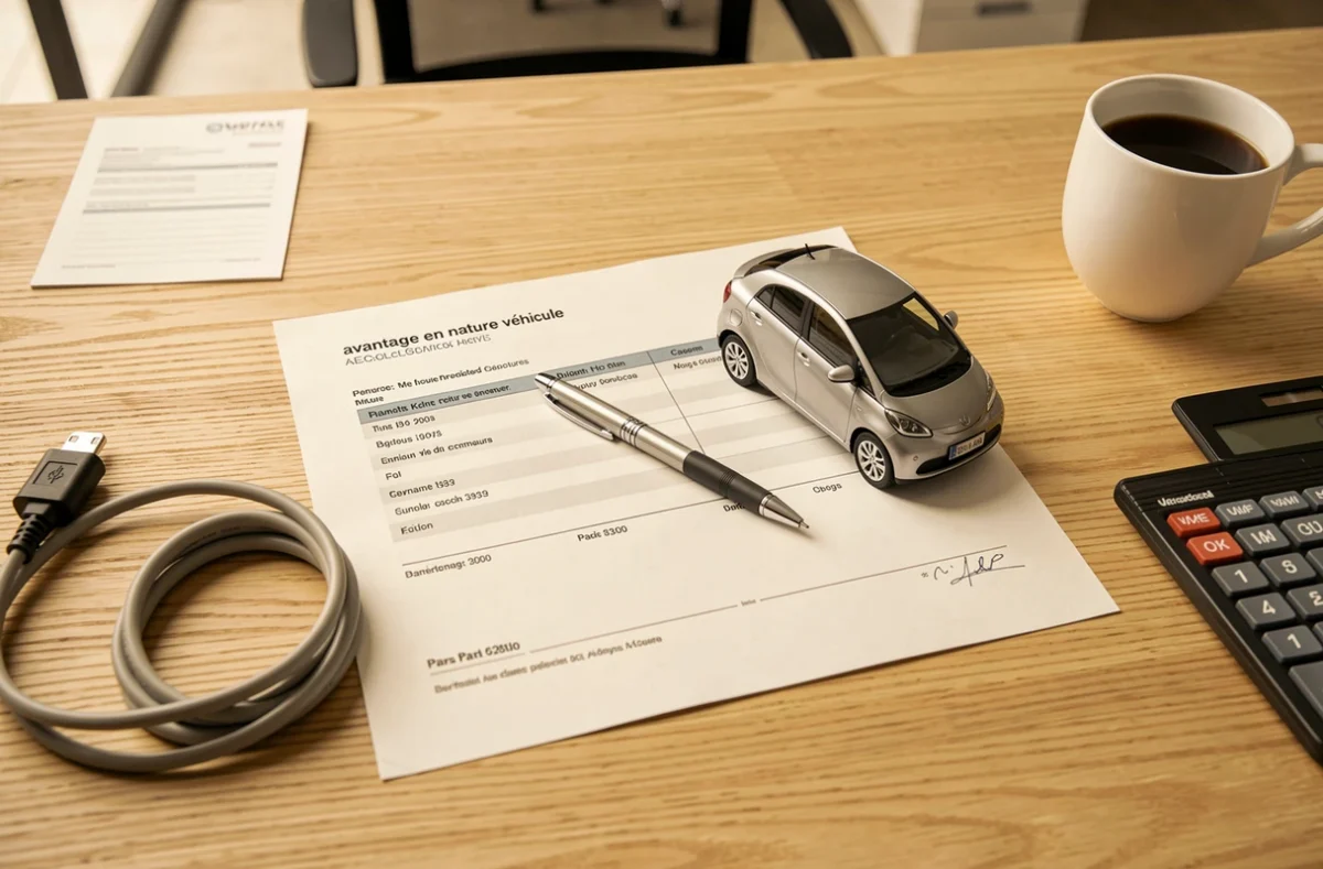 Vue de dessus d'un bureau avec une fiche de paie mentionnant l'avantage en nature véhicule, une borne de recharge miniature et un câble électrique