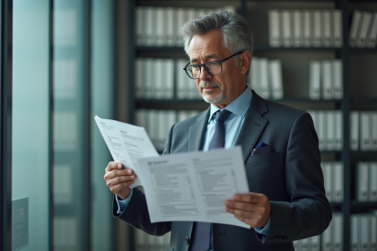 Homme fonctionnaire en costume examinant des circulaires administratives