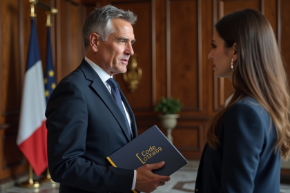 Homme officiel en costume navy discutant avec coll&egrave;gue dans bureau officiel
