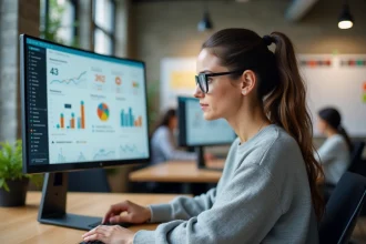 Fondatrice de startup tech analysant un tableau de bord sur plateforme POP STARTUP dans un espace de travail moderne