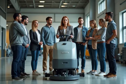 Femme en formation montrant un nettoyeur industriel &agrave; une &eacute;quipe