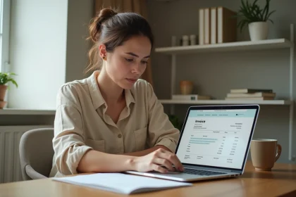 Freelance femme consultant vérifiant une facture sur son ordinateur portable dans un bureau à domicile minimaliste