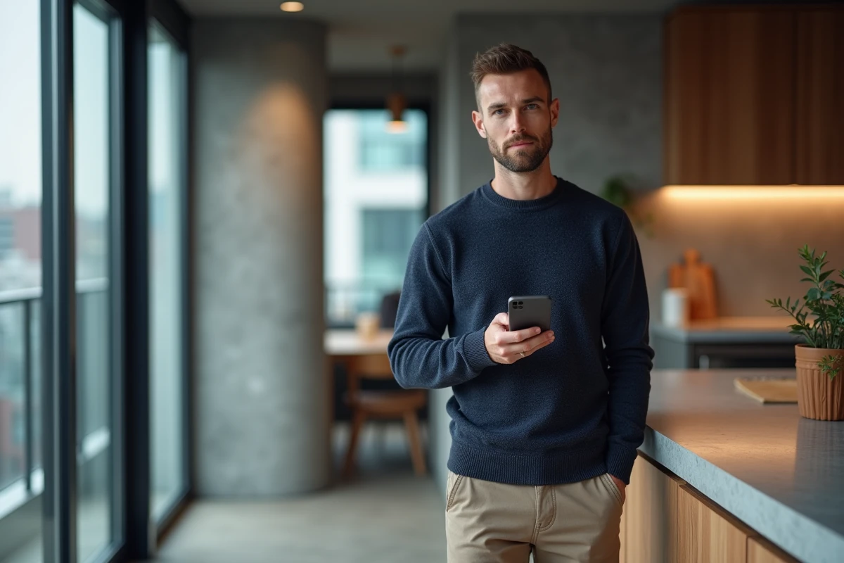 Freelance homme gérant ses factures sur application mobile dans un appartement moderne avec vue urbaine