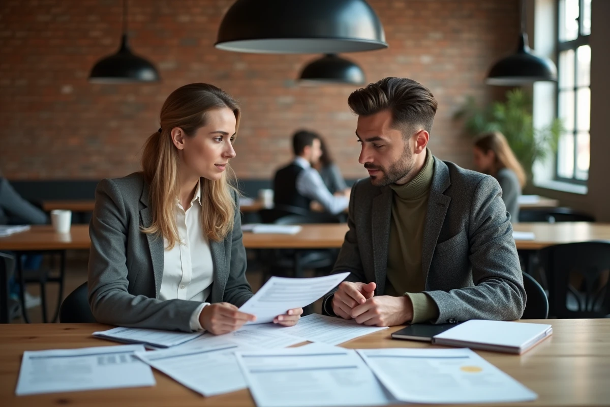 Deux freelances discutant de factures et de comptabilité dans un espace de coworking professionnel