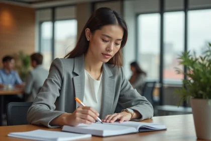 Femme professionnelle planifiant son emploi du temps avec un agenda papier dans un bureau moderne
