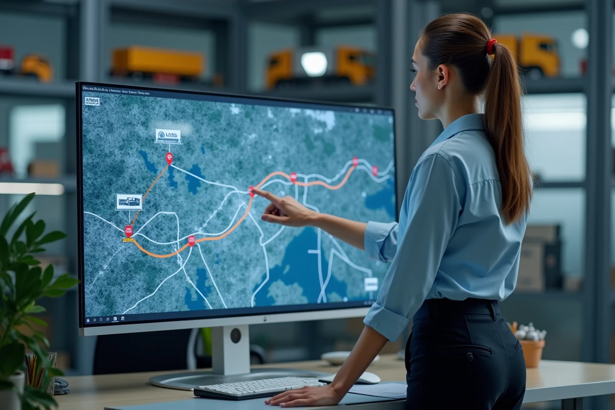 Gestionnaire logistique pointant sur carte digitale en bureau