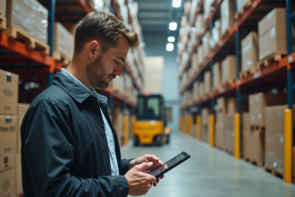 Manager logistique avec tablette dans un entrepôt spacieux