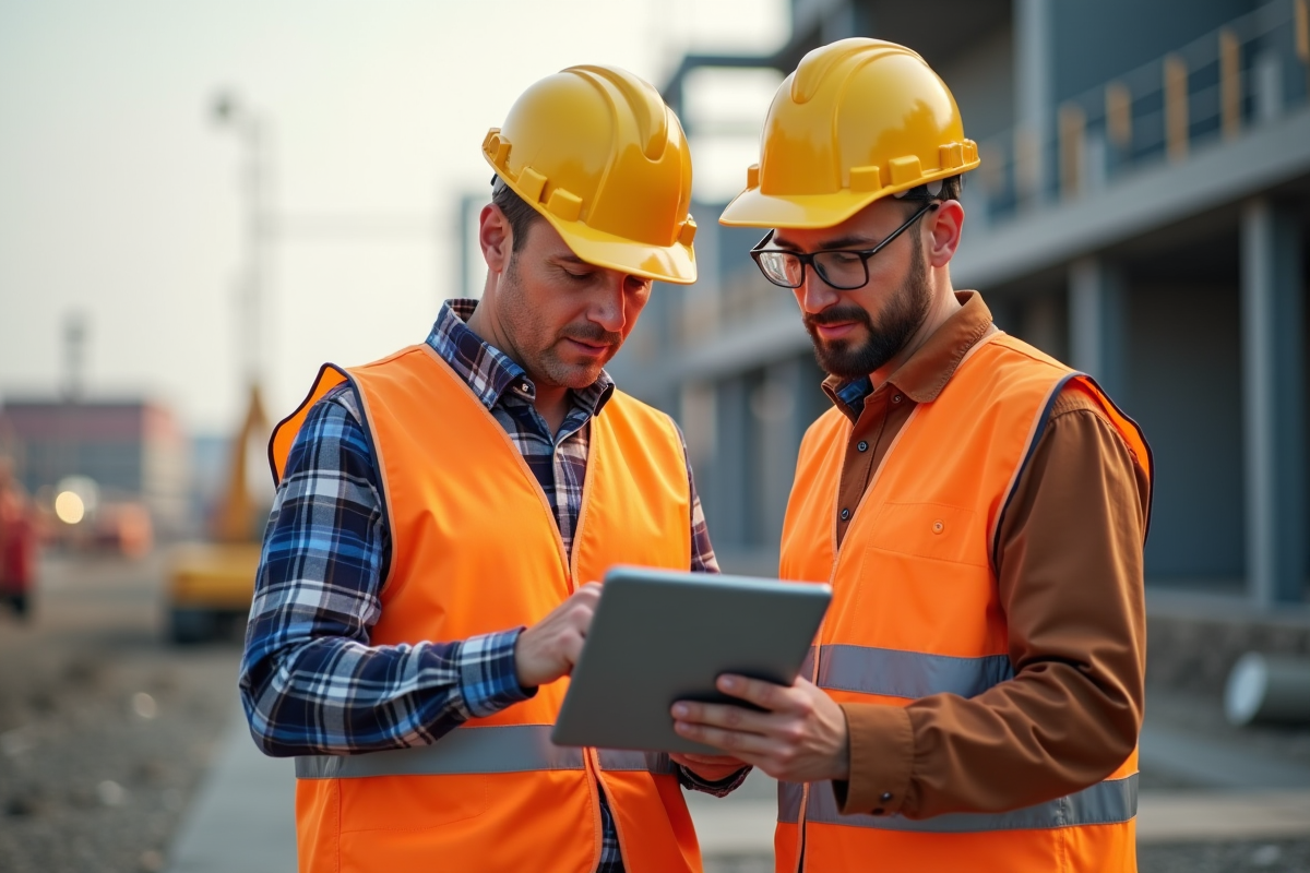 Gestionnaire de sécurité et ouvrier vérifiant un plan de prévention sur tablette